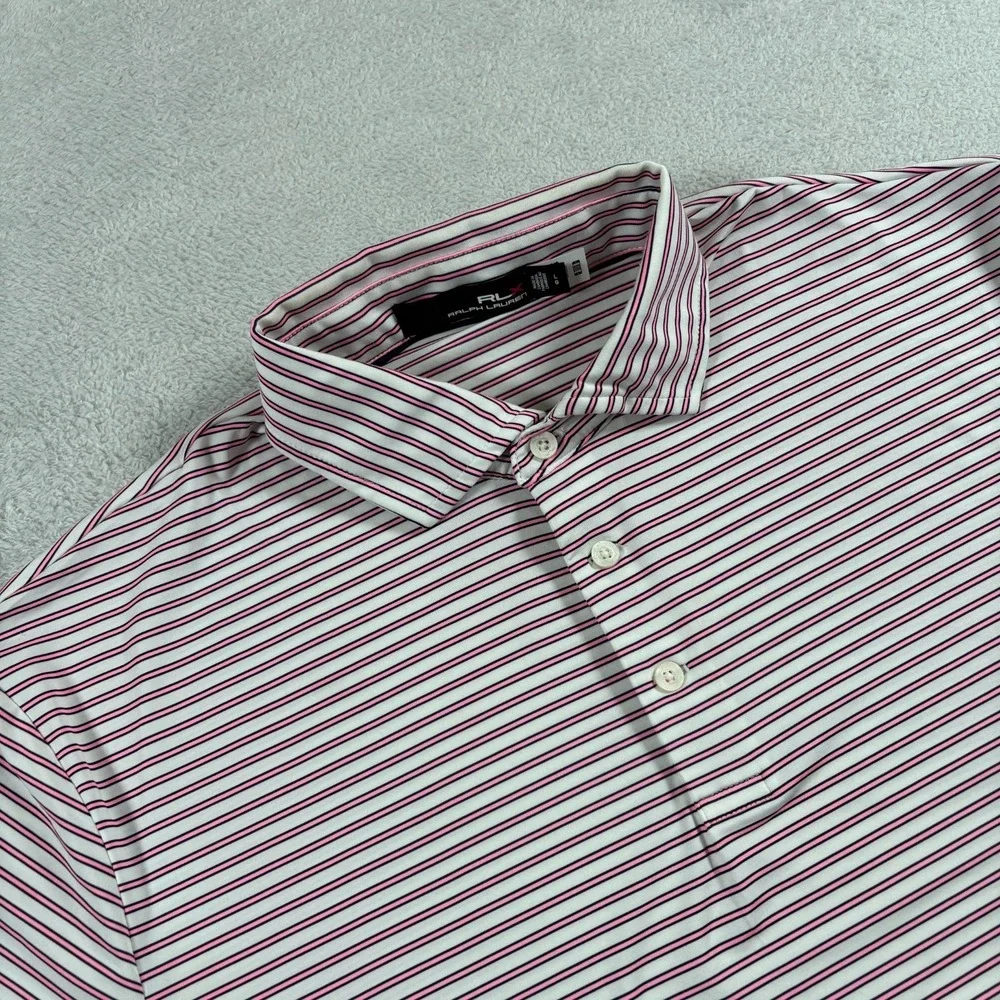 RLX Ralph Lauren Polo Shirt Mens Large Gray Pink Striped‎ High Low Hem Golf